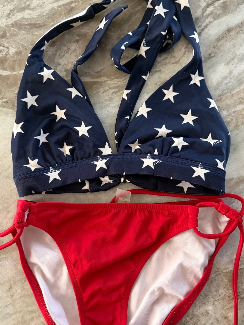 Victoria's Secret Navy Star Halter Bikini Top & Red Tie-Side Bottoms